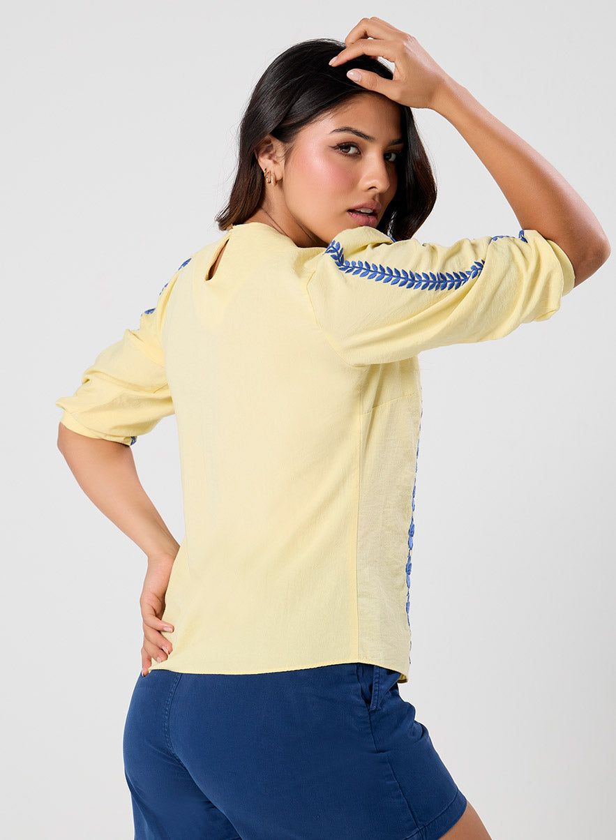 Sleeve And Front Embroidered Three Quarter Sleeve Top