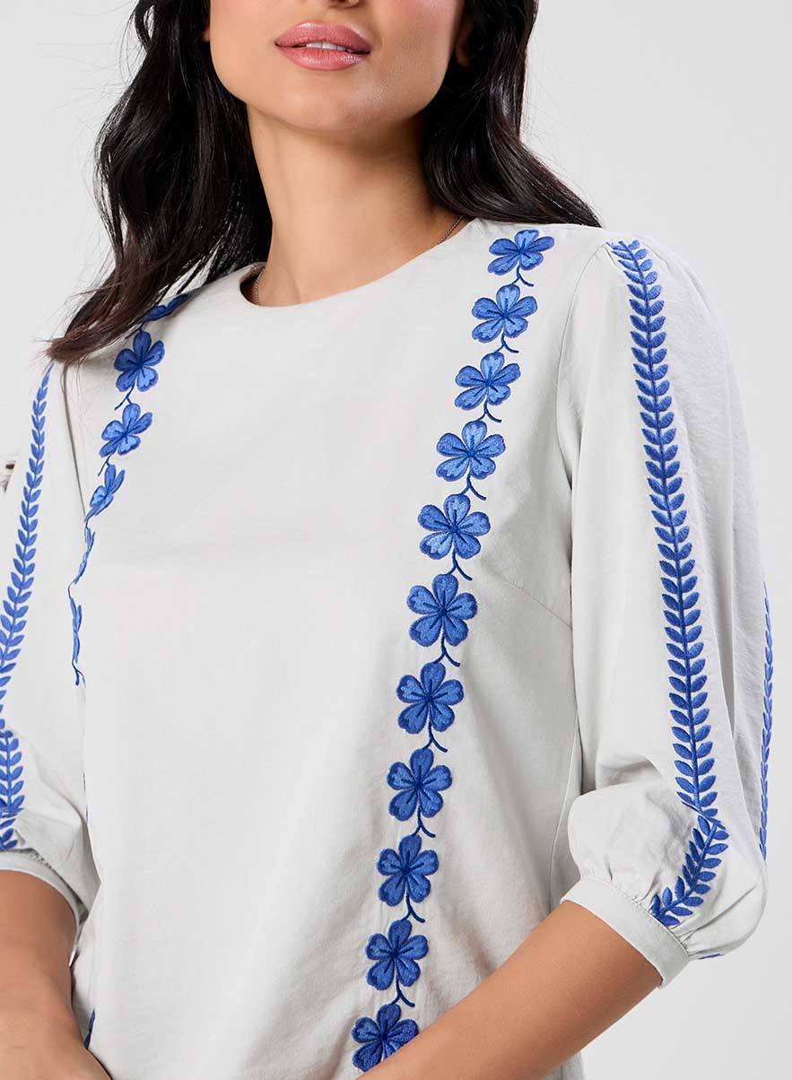 Sleeve And Front Embroidered Three Quarter White Sleeve Top