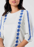 Sleeve And Front Embroidered Three Quarter White Sleeve Top