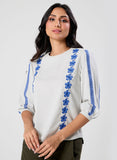 Sleeve And Front Embroidered Three Quarter White Sleeve Top