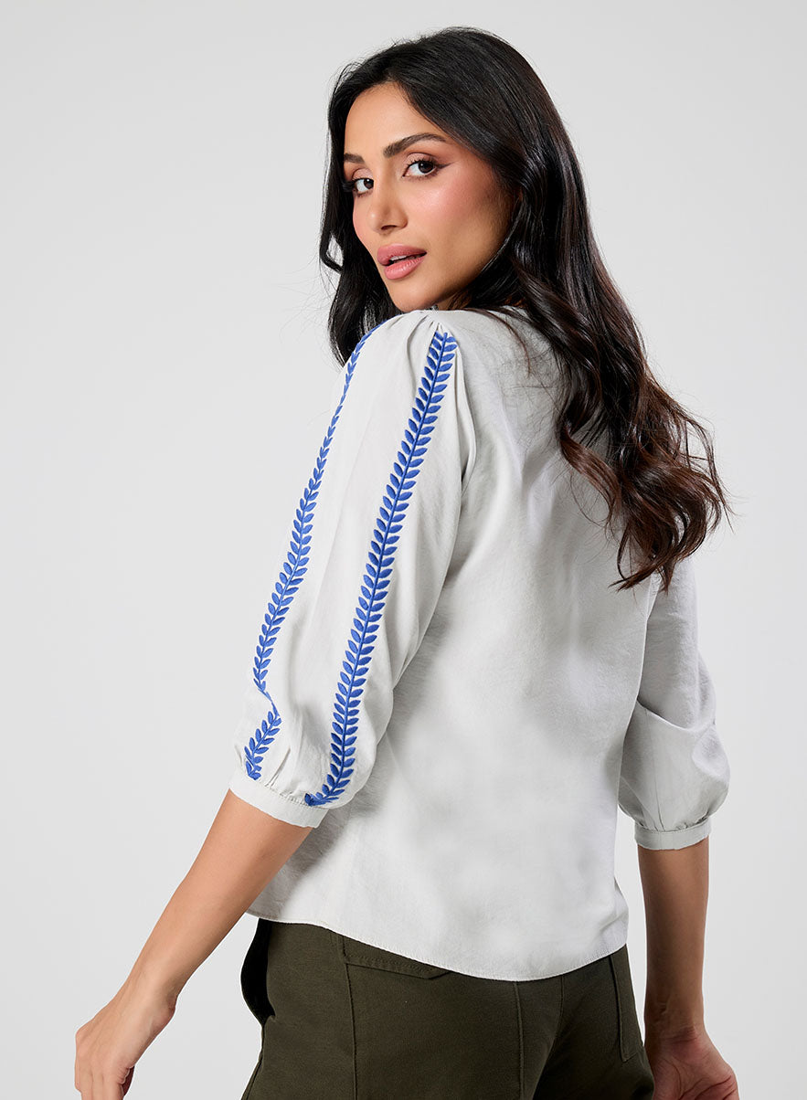 Sleeve And Front Embroidered Three Quarter White Sleeve Top