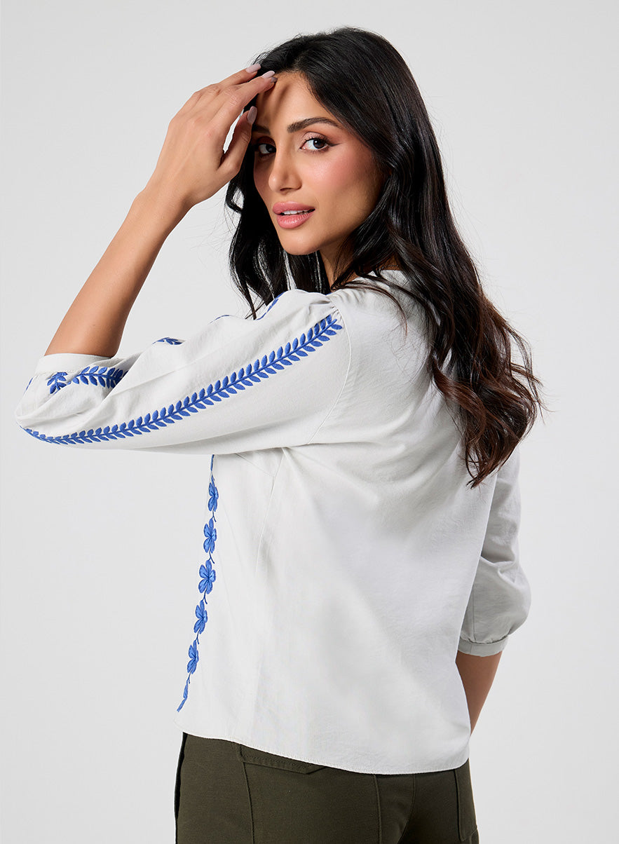 Sleeve And Front Embroidered Three Quarter White Sleeve Top