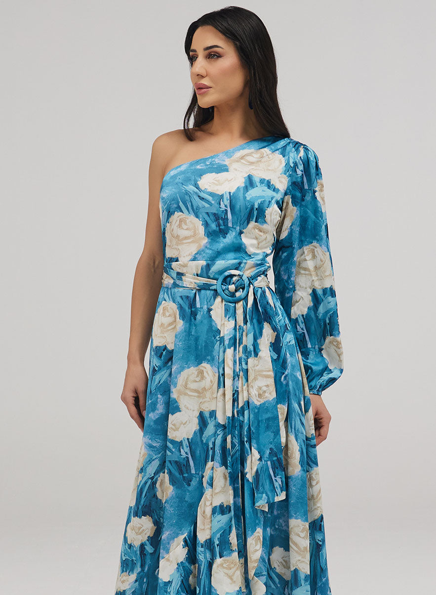 One Shoulder Printed Frill Dress
