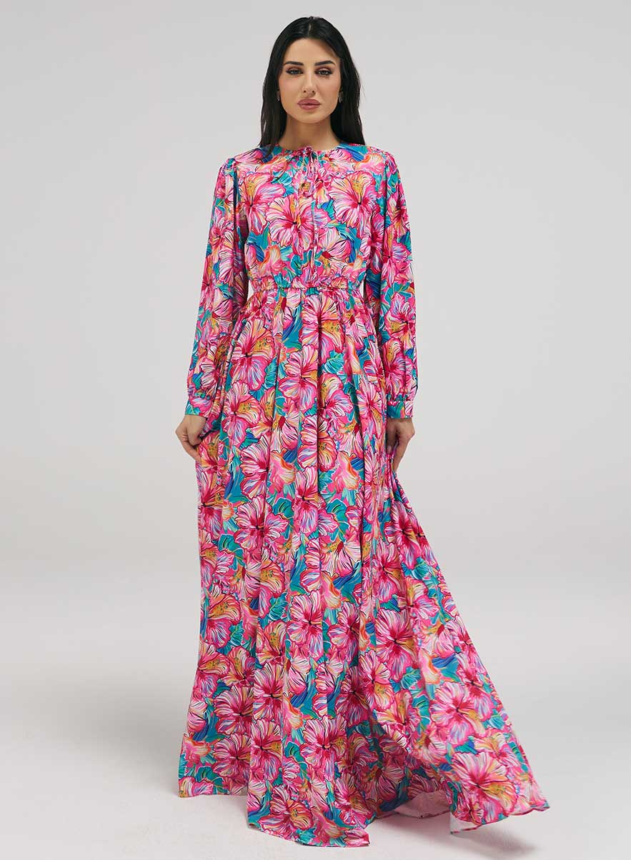 Neck Tie Prined Maxi Dress With Gathered Waist
