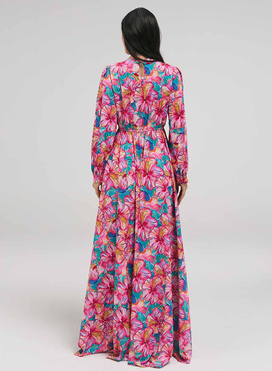 Neck Tie Prined Maxi Dress With Gathered Waist
