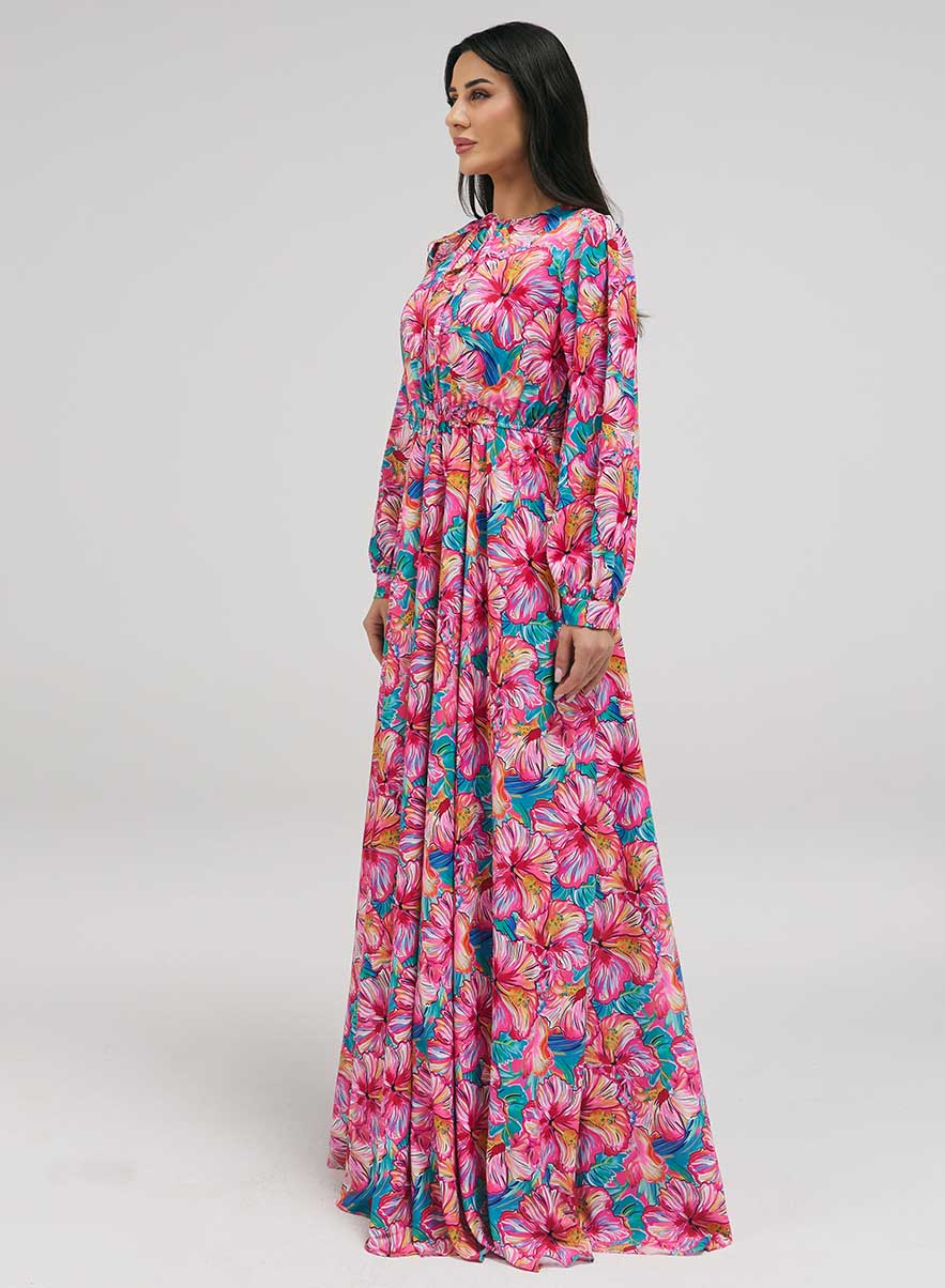 Neck Tie Prined Maxi Dress With Gathered Waist
