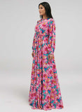 Neck Tie Prined Maxi Dress With Gathered Waist
