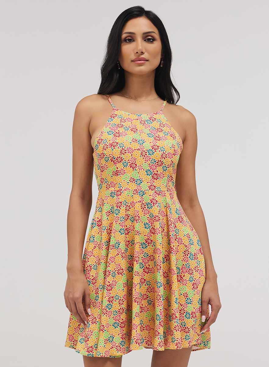 Halter Neck Skater Printed Dress
