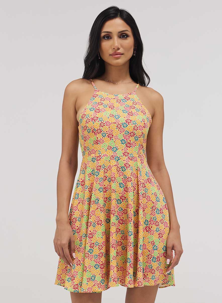 Halter Neck Skater Printed Dress
