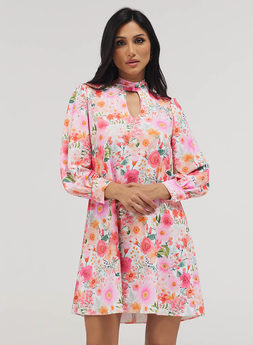 Deep V Neck Neck Band Loose Fitted Printed Dress
