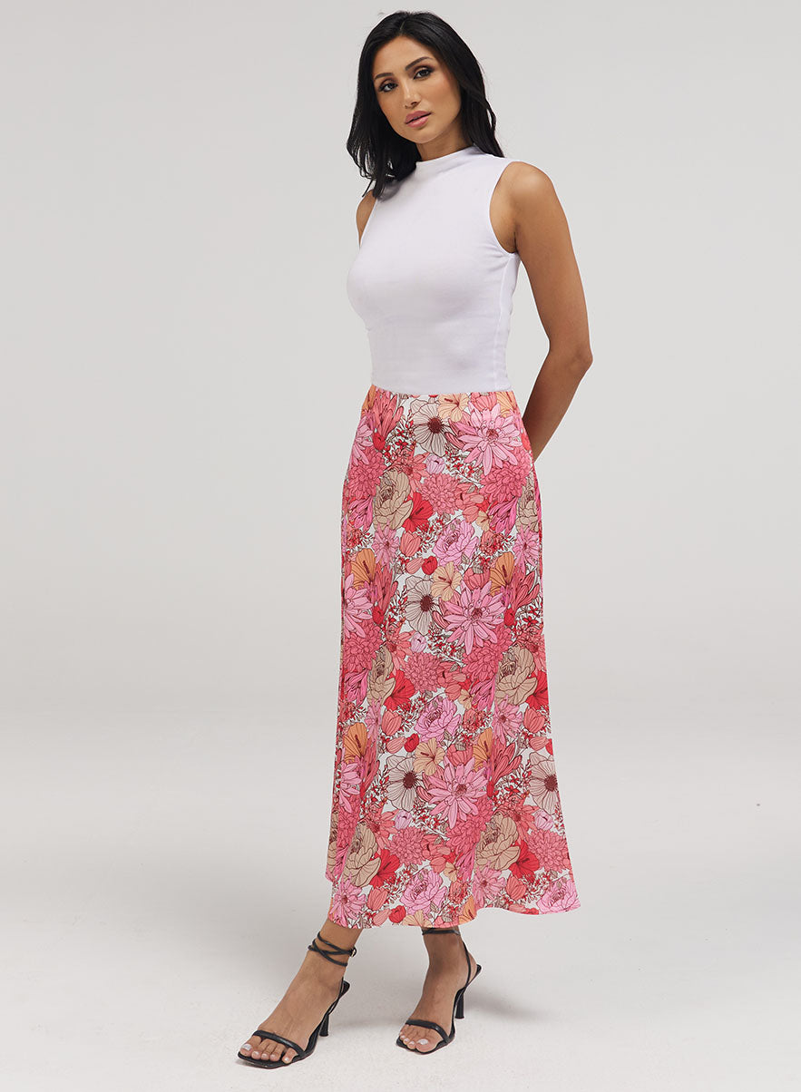 Flower Printed Satin Skirt
