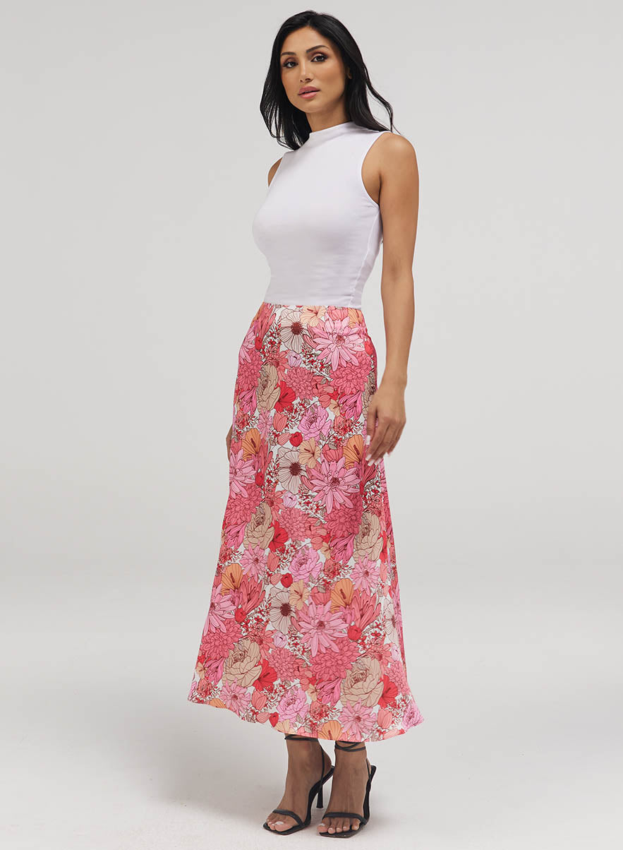 Flower Printed Satin Skirt
