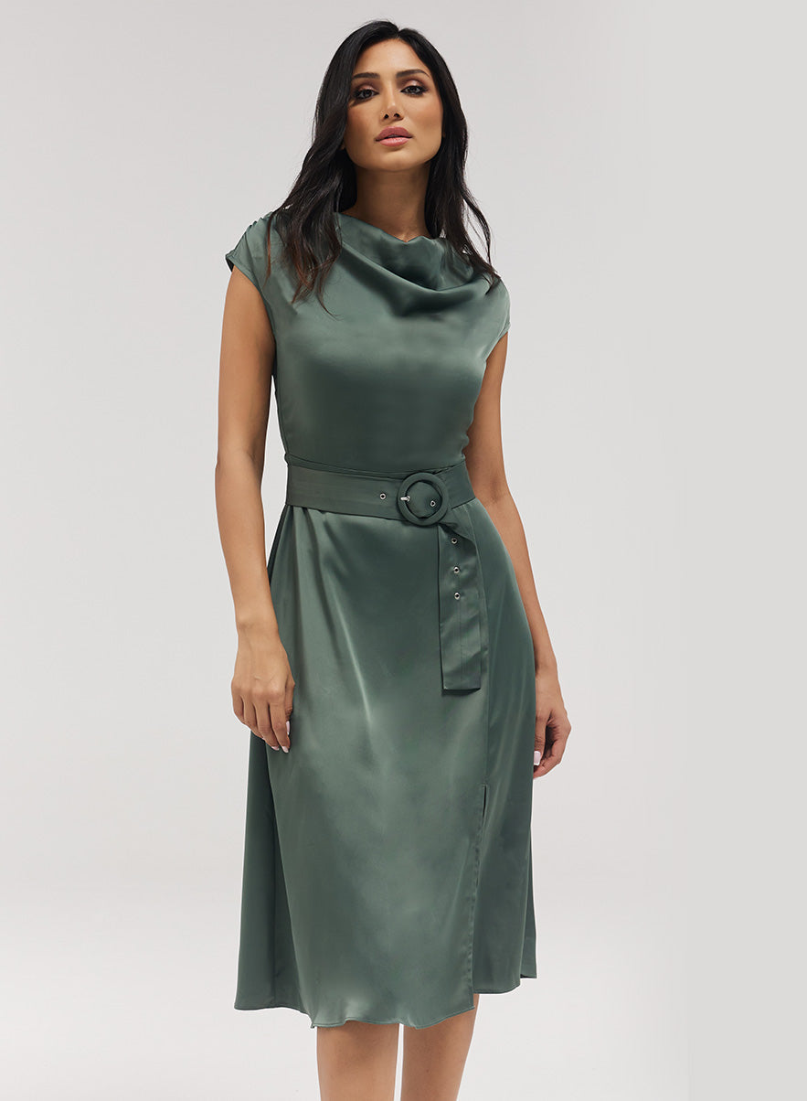 Cowl Neck Dress With A Slit And Belt
