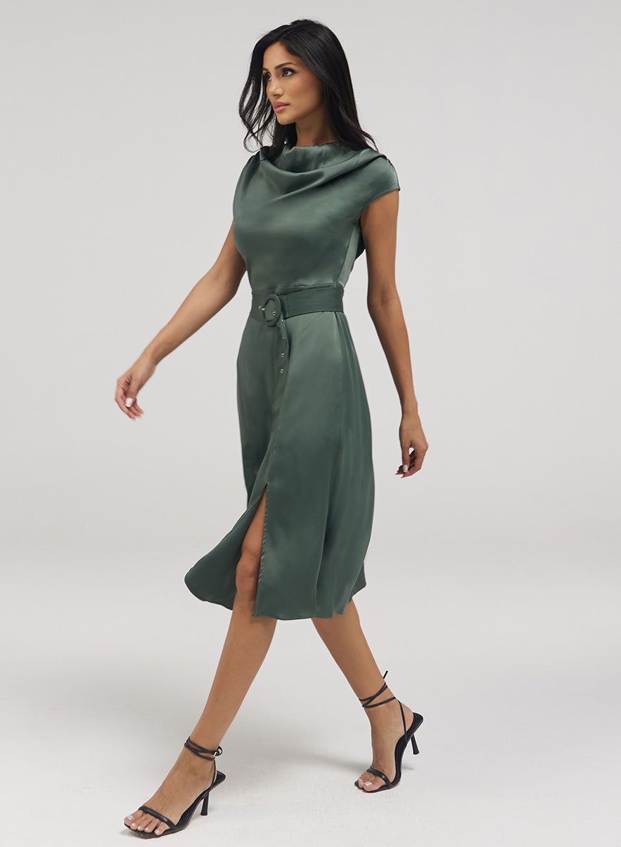 Cowl Neck Dress With A Slit And Belt
