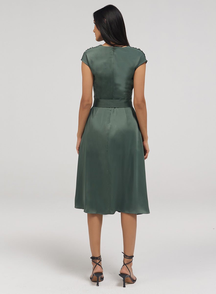 Cowl Neck Dress With A Slit And Belt
