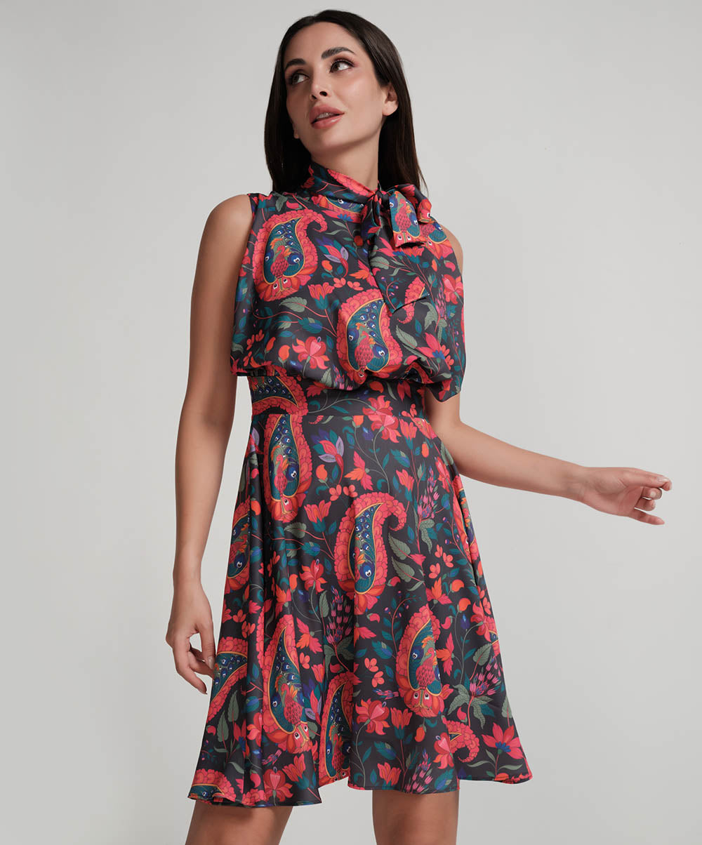 Neck Tie Printed Sleeveles Short Dress