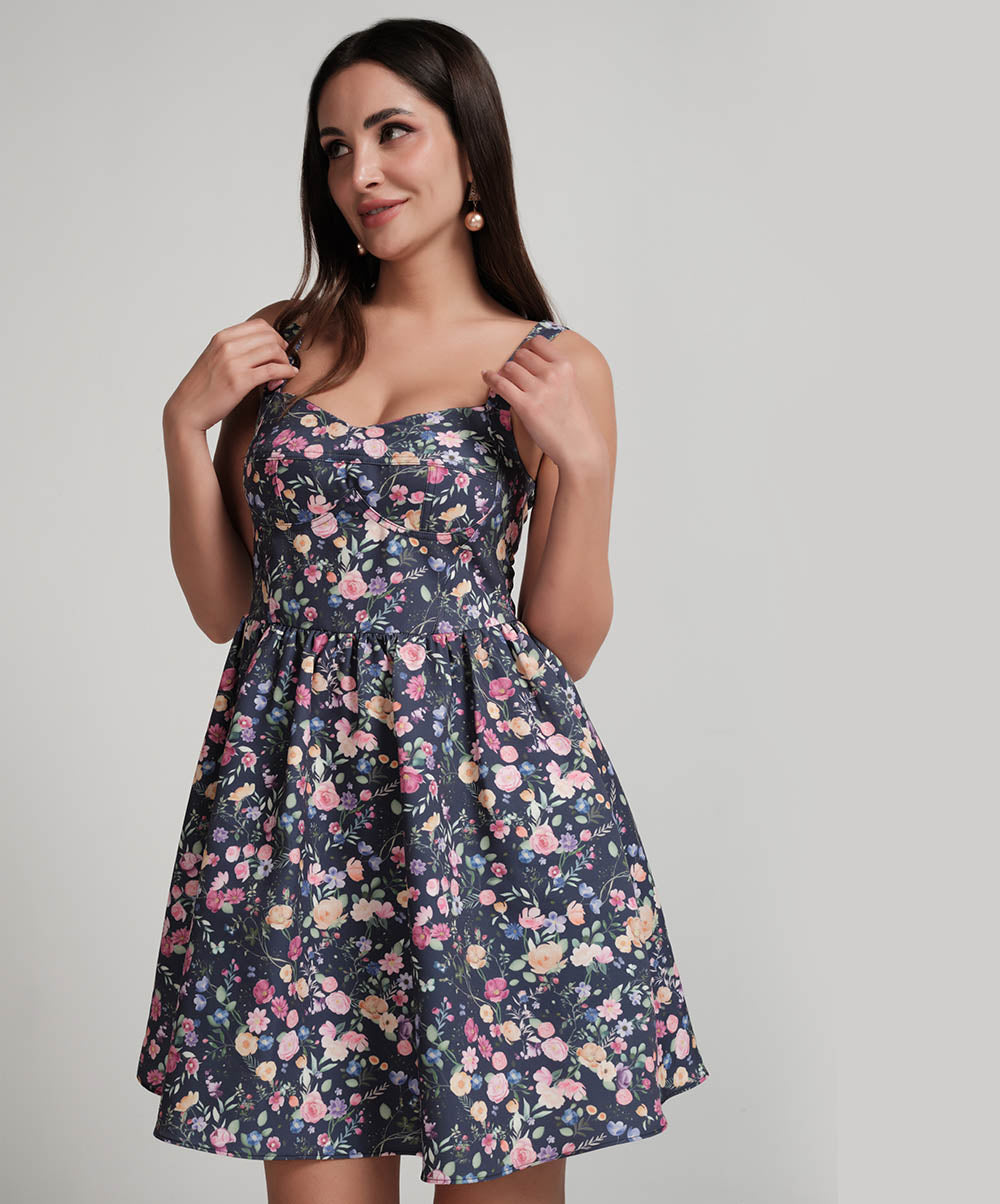 Bra Cut Printed Waist Gathered Dress