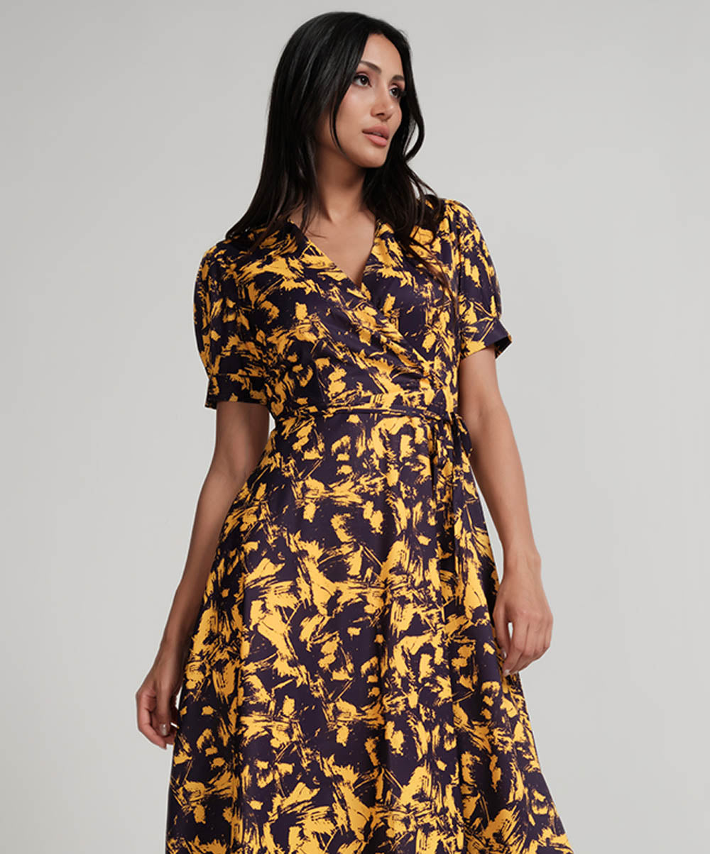 Printed Vneck Cross Over Dress