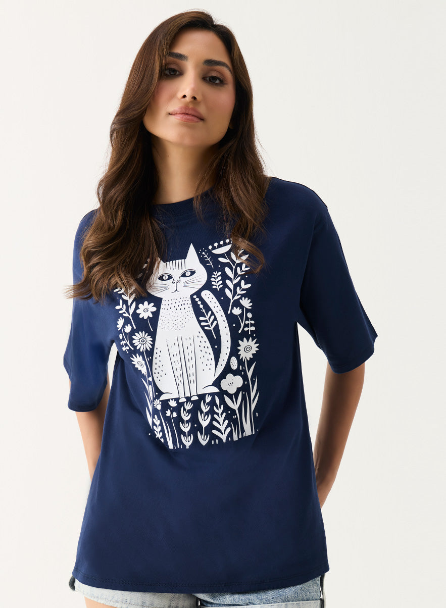 Floral Cat Printed Oversized T-shirt