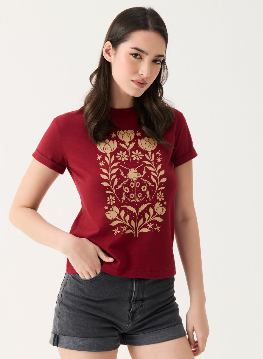 Ladybug Printed Maroon Crew-Neck T-shirt