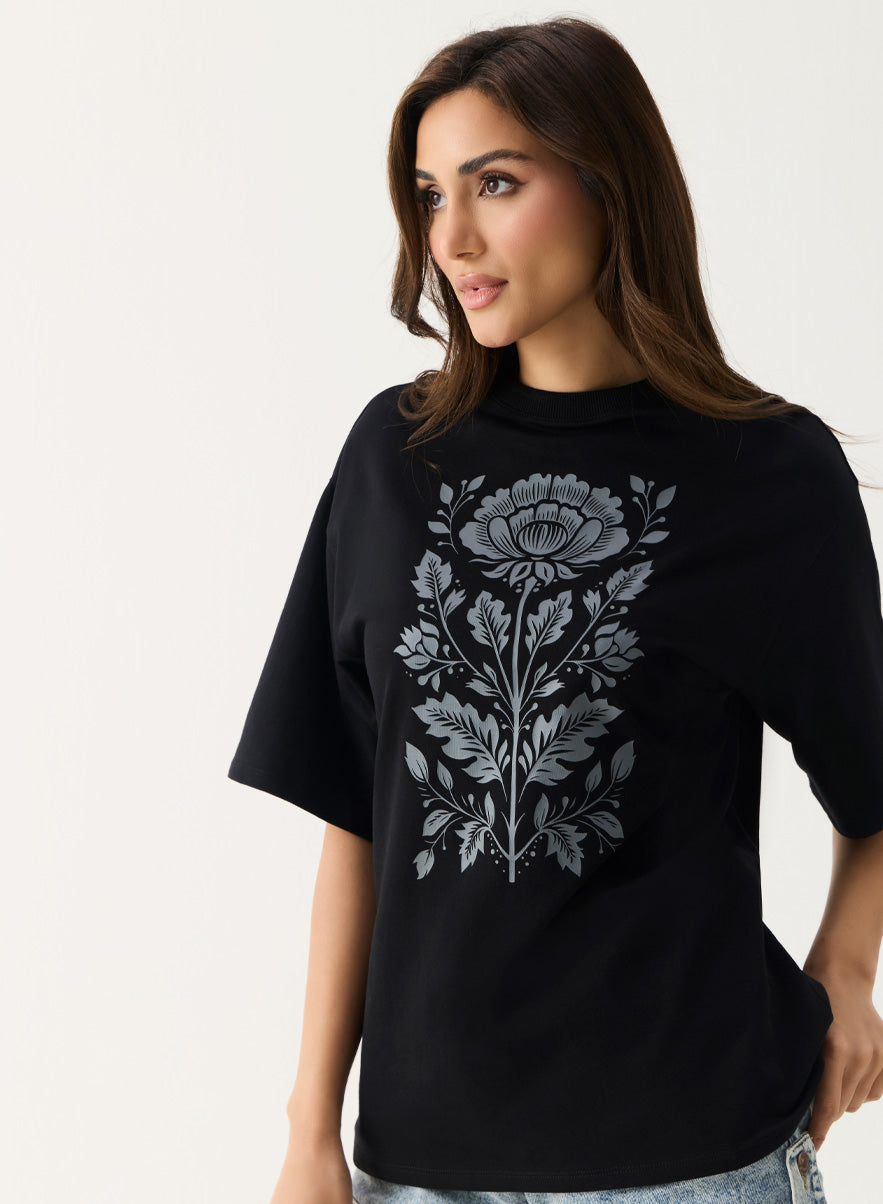 Grey Color Printed Rose Oversized T-shirt