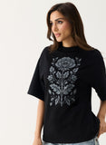 Grey Color Printed Rose Oversized T-shirt