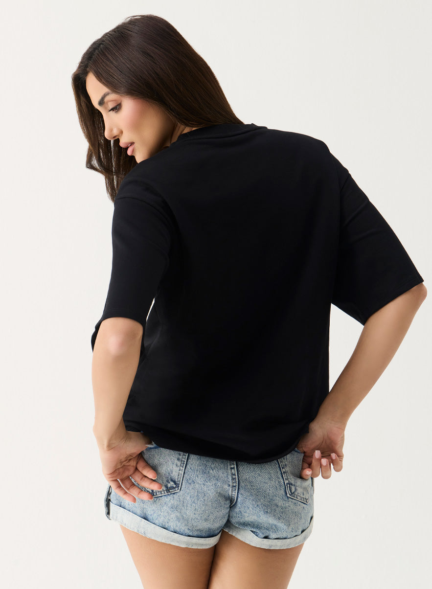 Grey Color Printed Rose Oversized T-shirt