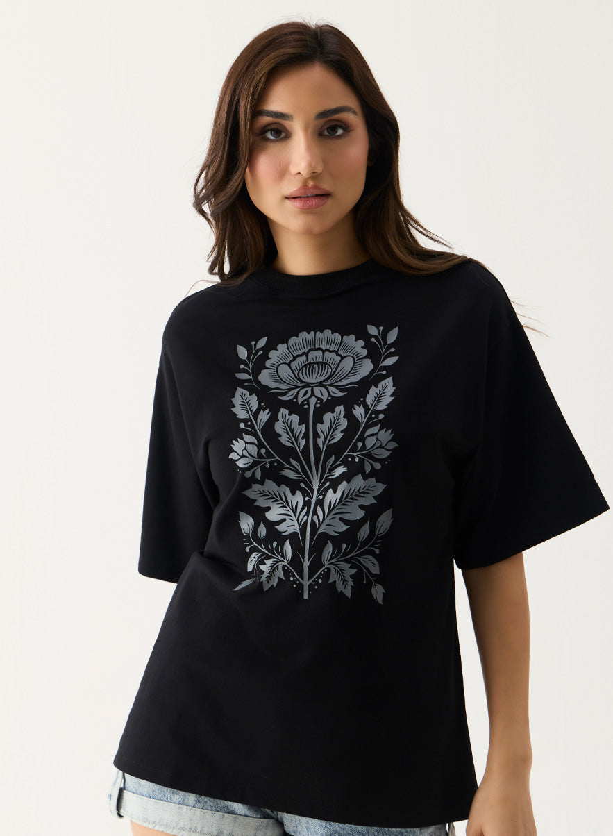 Grey Color Printed Rose Oversized T-shirt