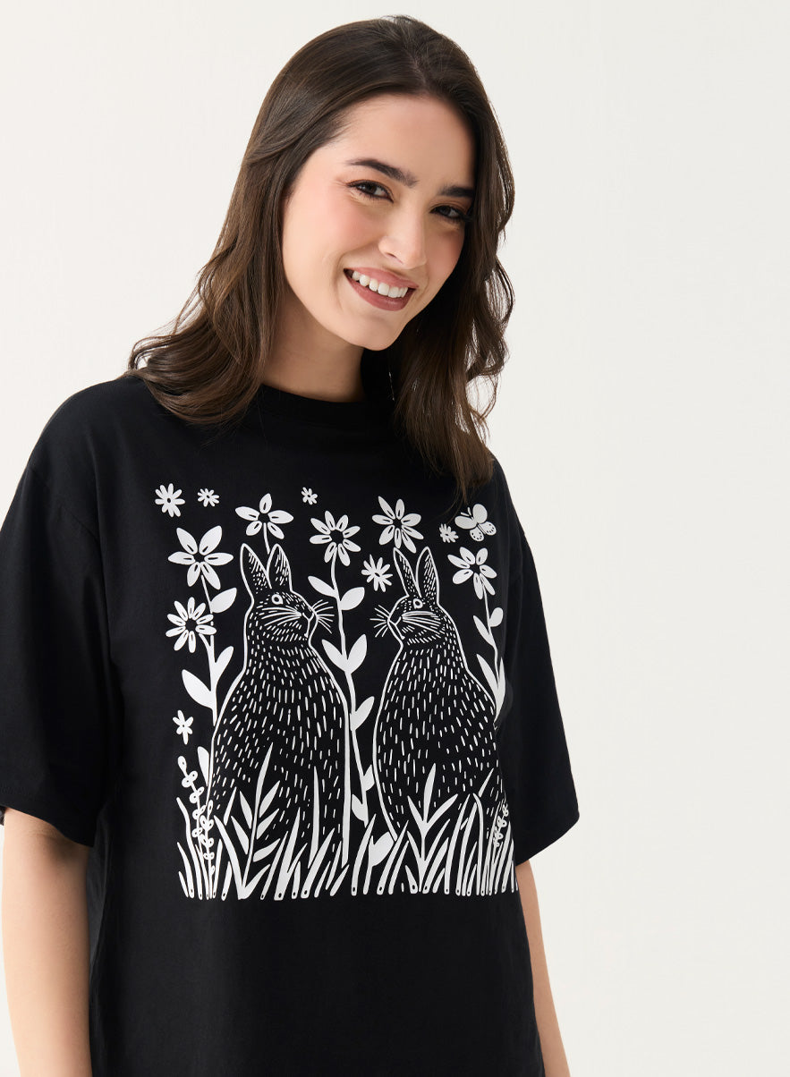 Bunny Printed Black Oversized T-shirt