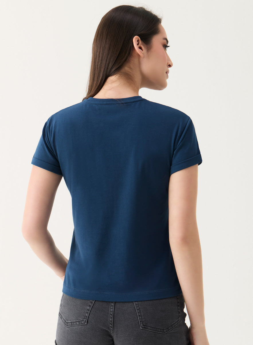 Crew Neck Turnup Sleeve Blue T-shirt