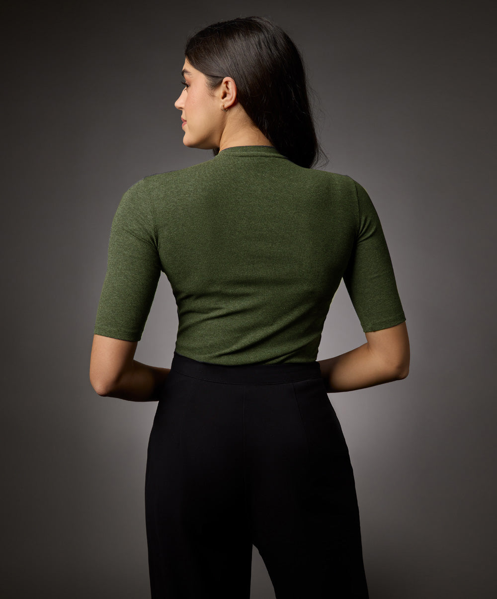 Short Sleeve High Neck Rib Top- Khaki Green