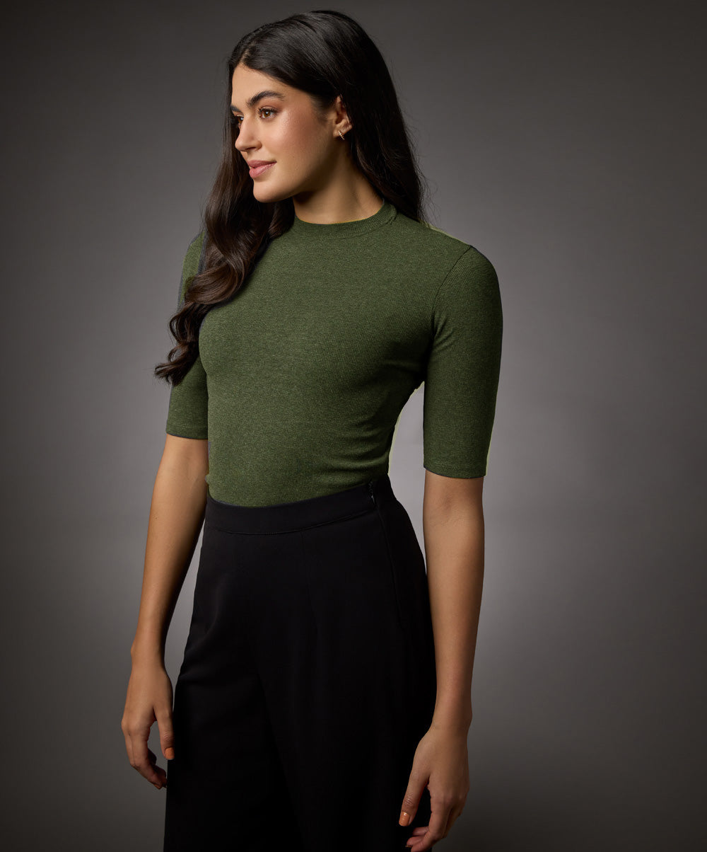 Short Sleeve High Neck Rib Top- Khaki Green