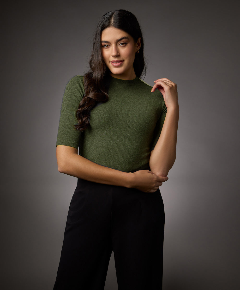 Short Sleeve High Neck Rib Top- Khaki Green