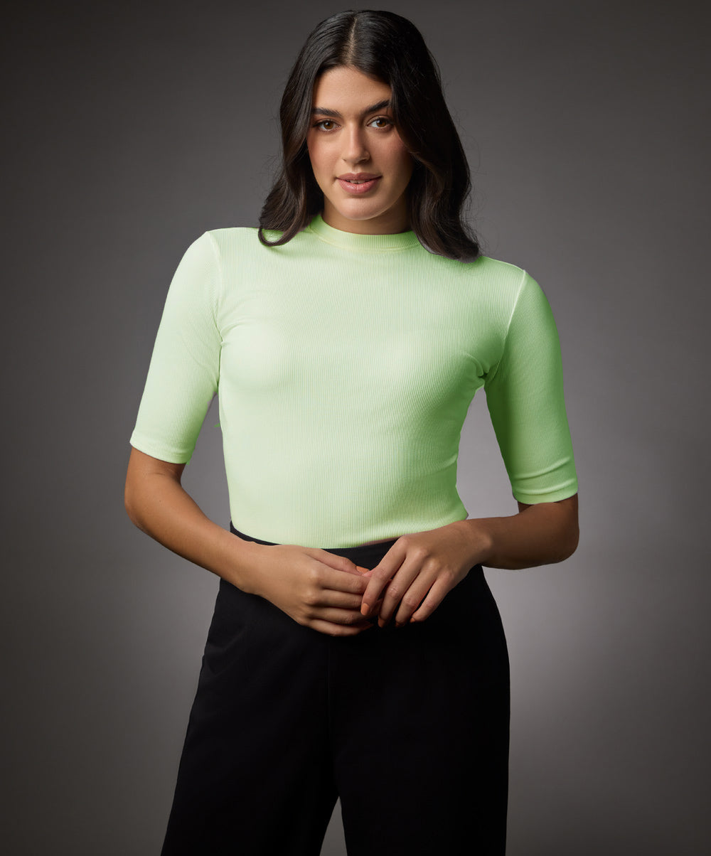 Short Sleeve High Neck Rib Top- Electric Green