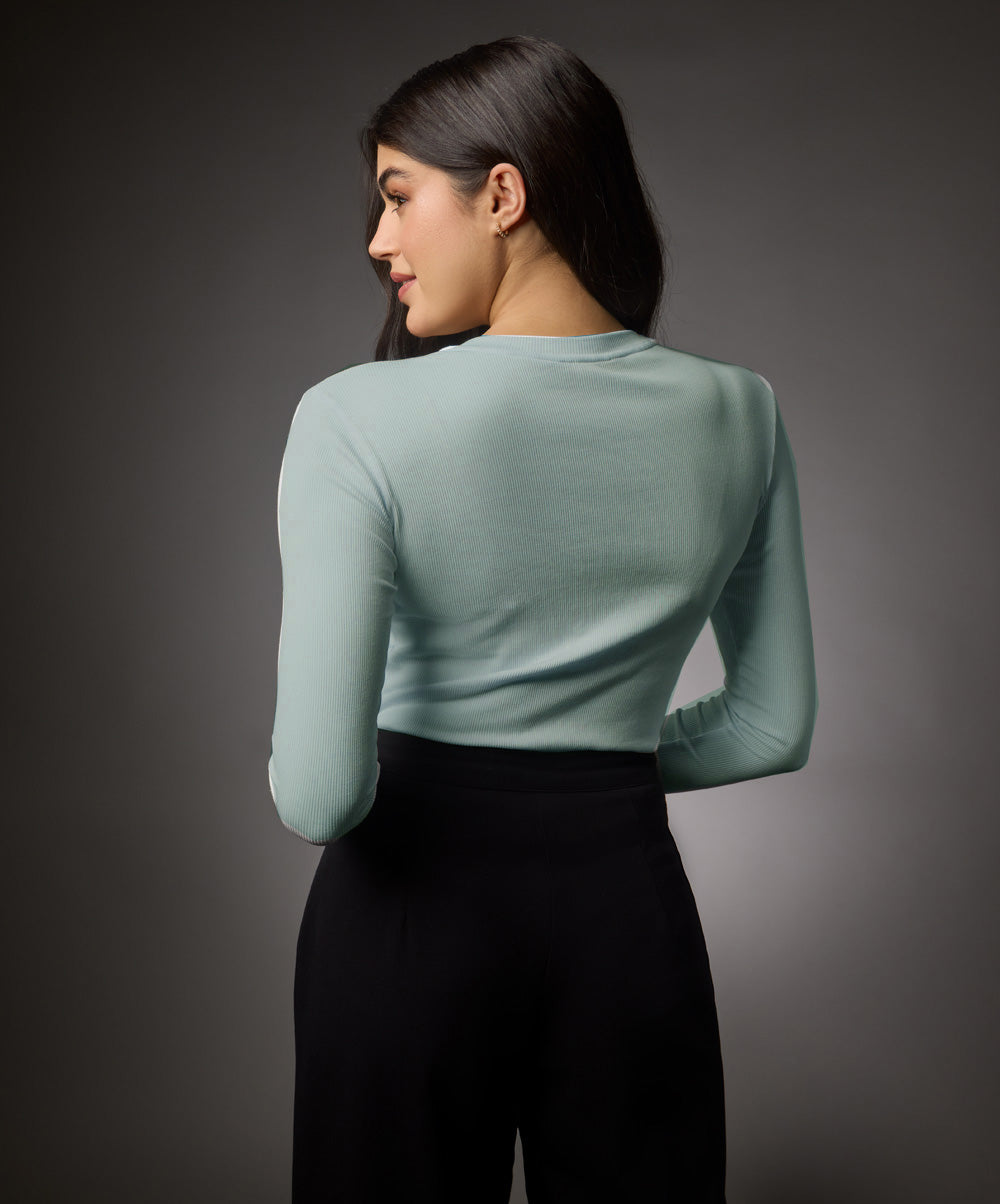 Long Sleeve Round Neck Rib Top- Pale Blue