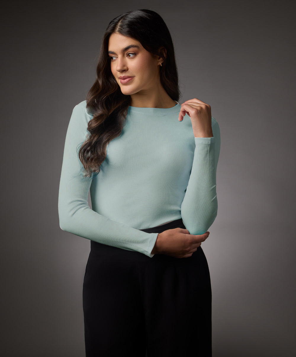 Long Sleeve Round Neck Rib Top- Pale Blue