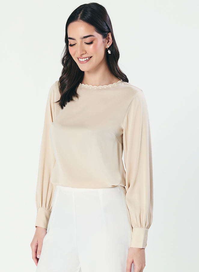 Neck Scalloped Long-Sleeve Light Beige Top