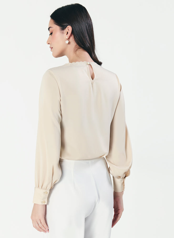 Neck Scalloped Long-Sleeve Light Beige Top