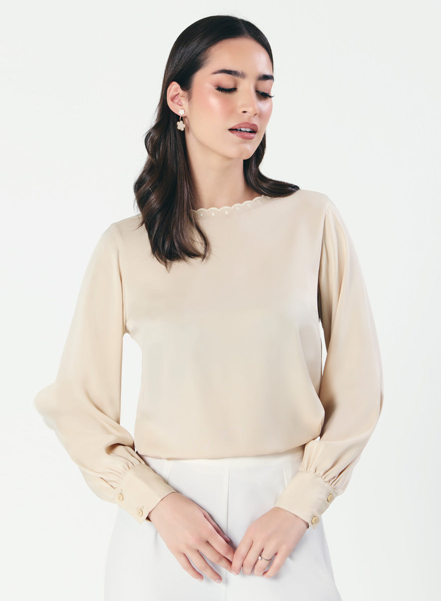 Neck Scalloped Long-Sleeve Light Beige Top