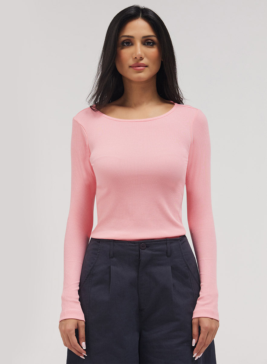 Rib Long Sleeve Top - Peach Pink

