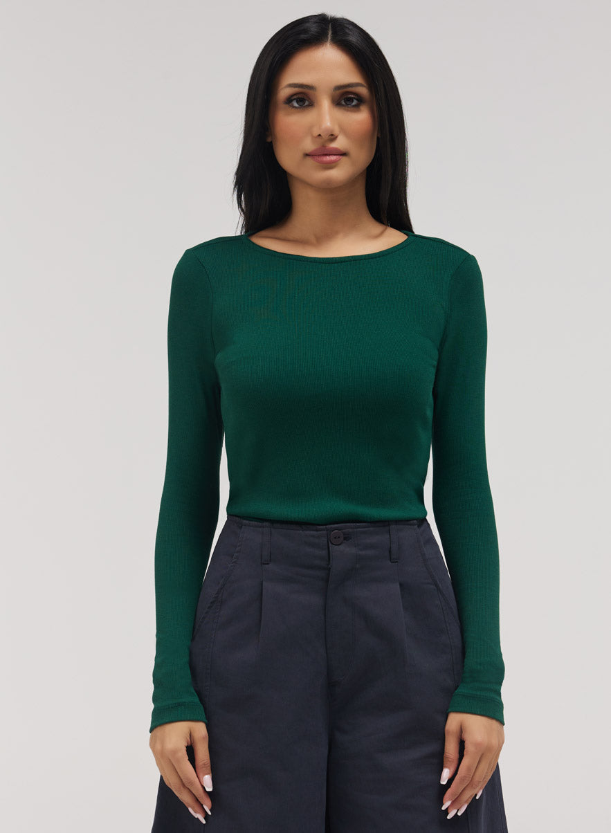 Rib Long Sleeve Top - Dark Green

