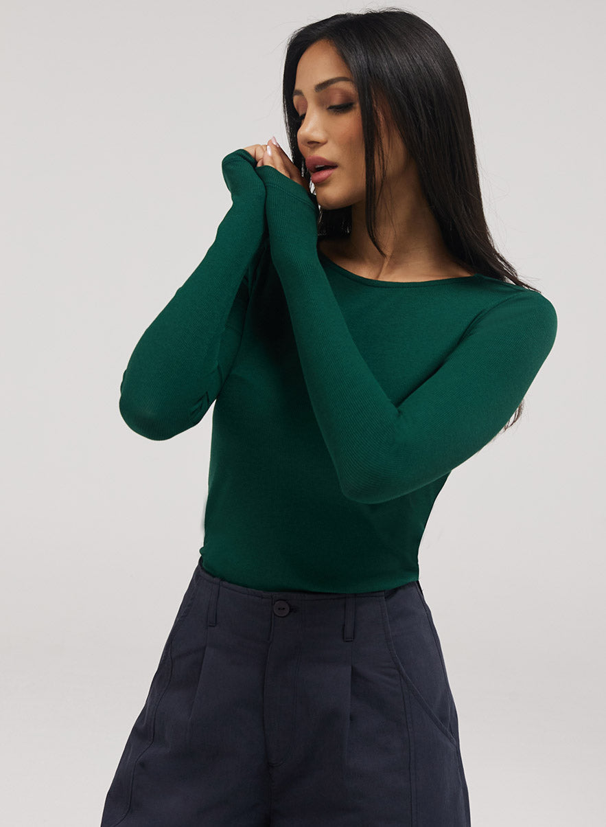 Rib Long Sleeve Top - Dark Green
