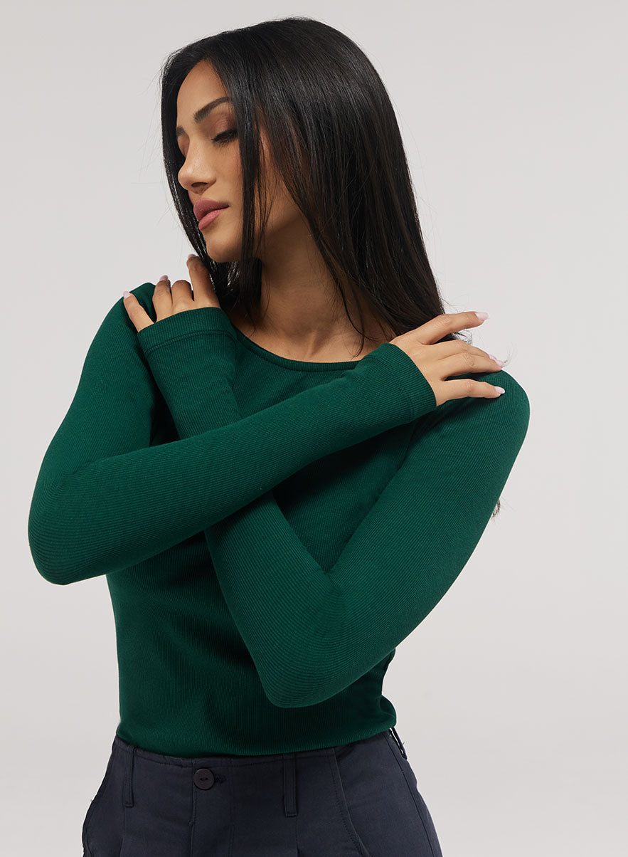 Rib Long Sleeve Top - Dark Green
