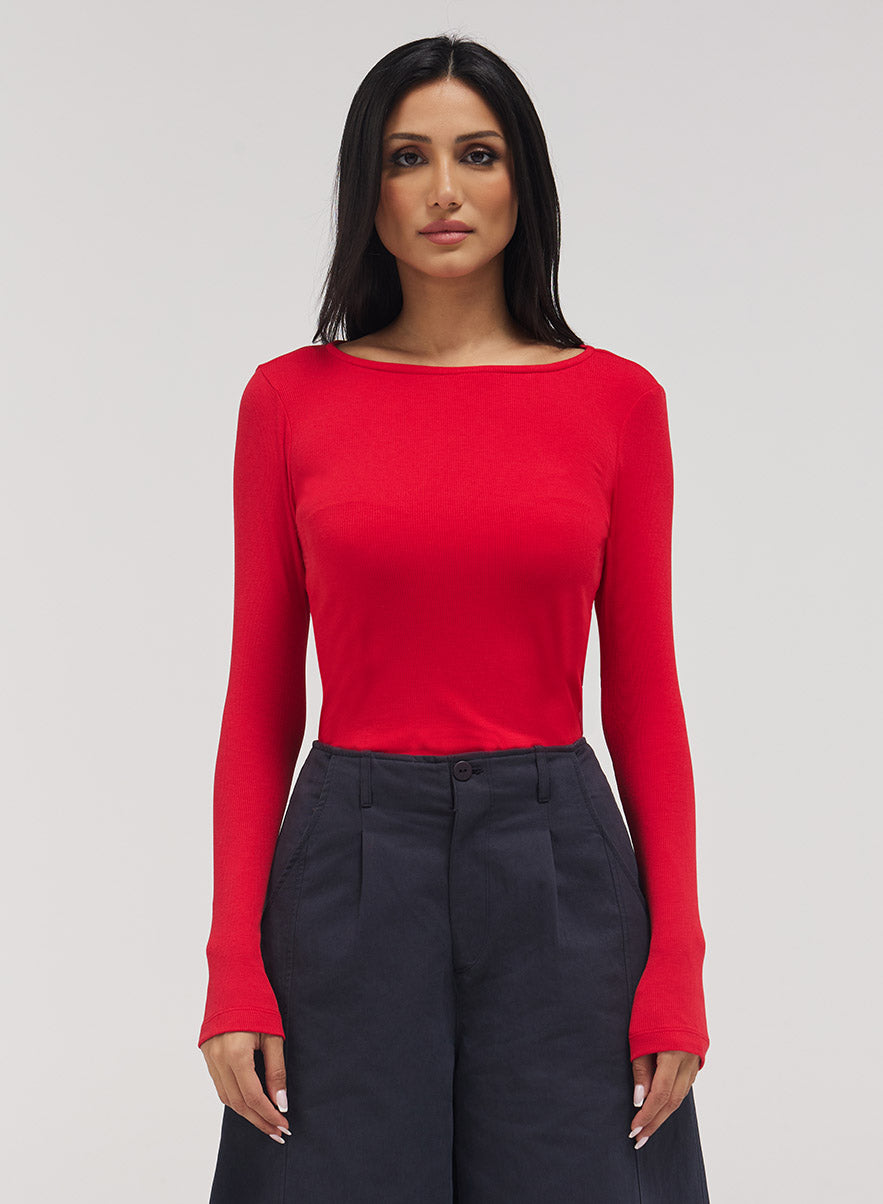 Rib Long Sleeve Top - Red

