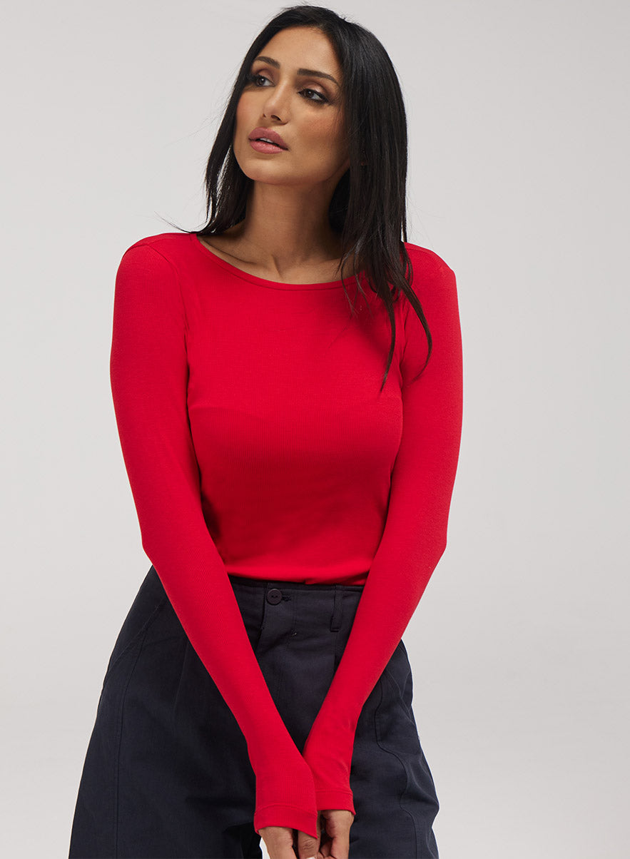 Rib Long Sleeve Top - Red
