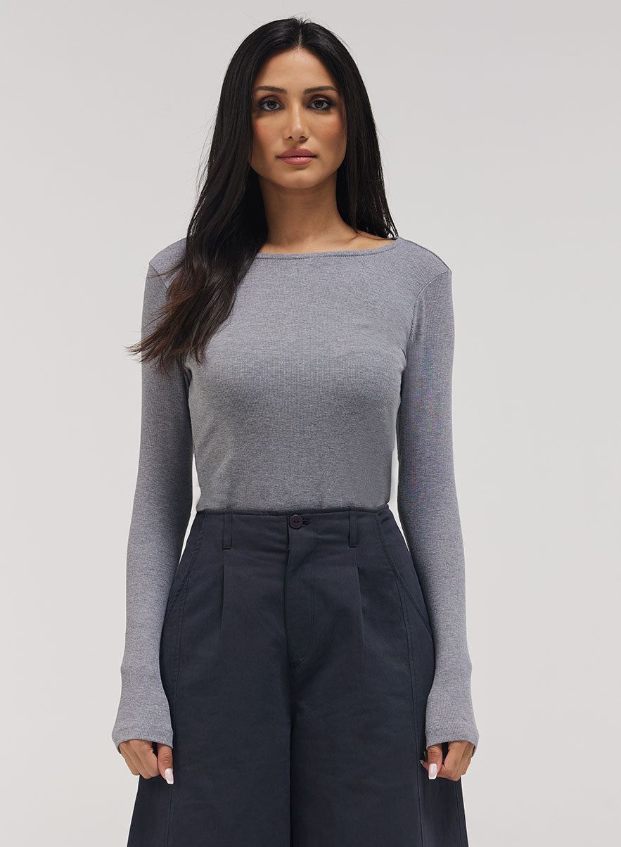Rib Long Sleeve Top - Light Grey
