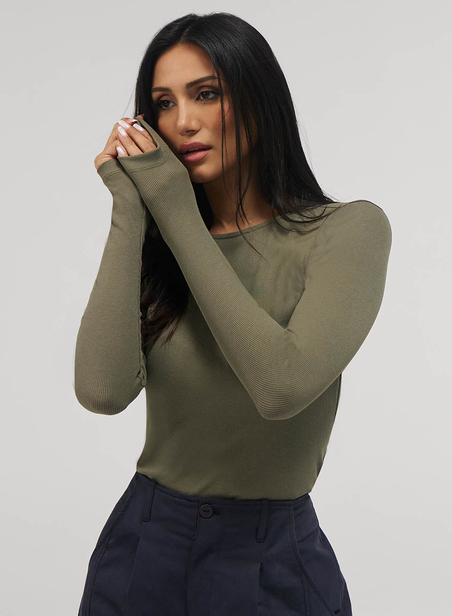 Rib Long Sleeve Top - Khaki
