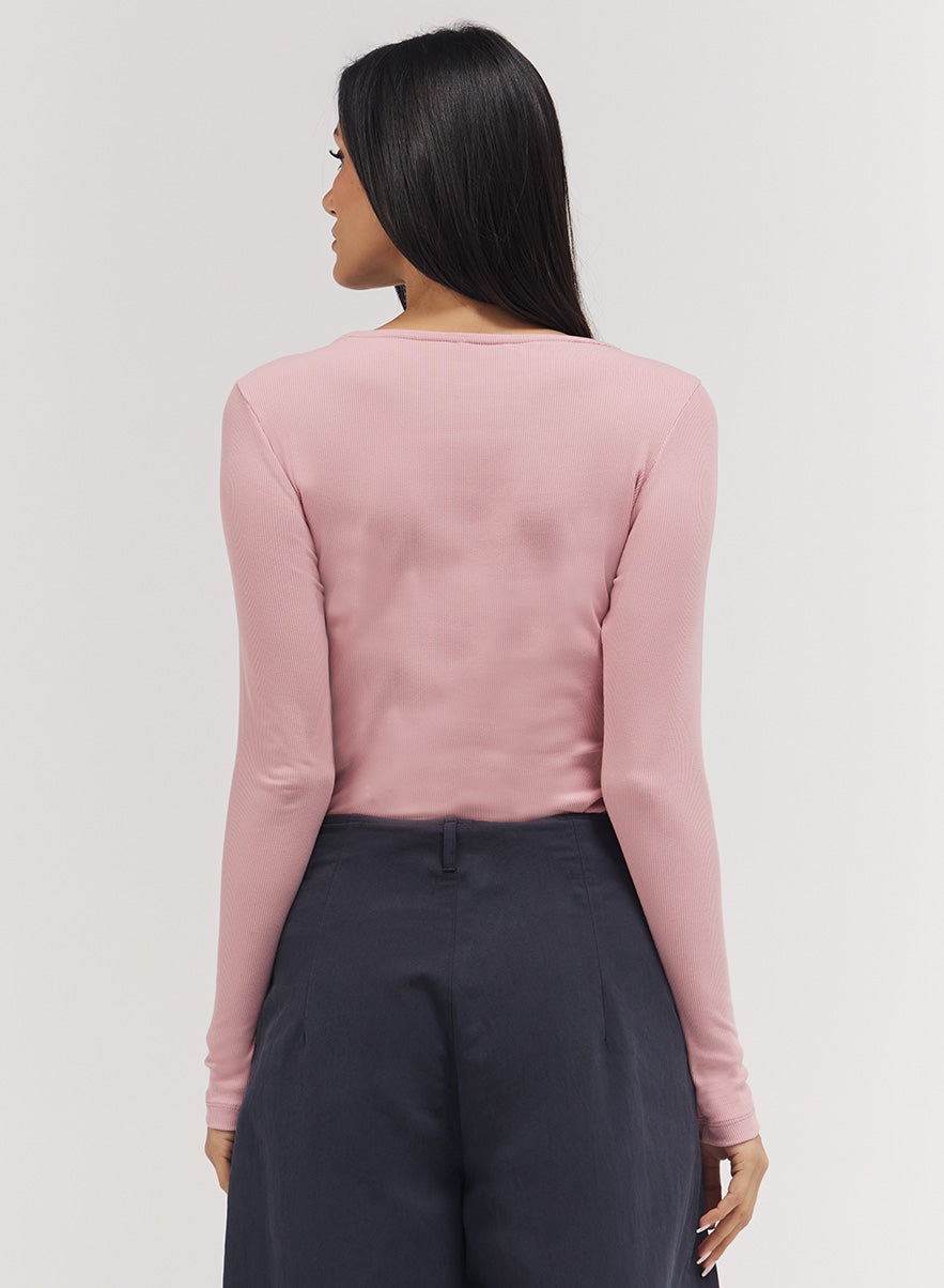 Rib Long Sleeve Top - Salmon Pink
