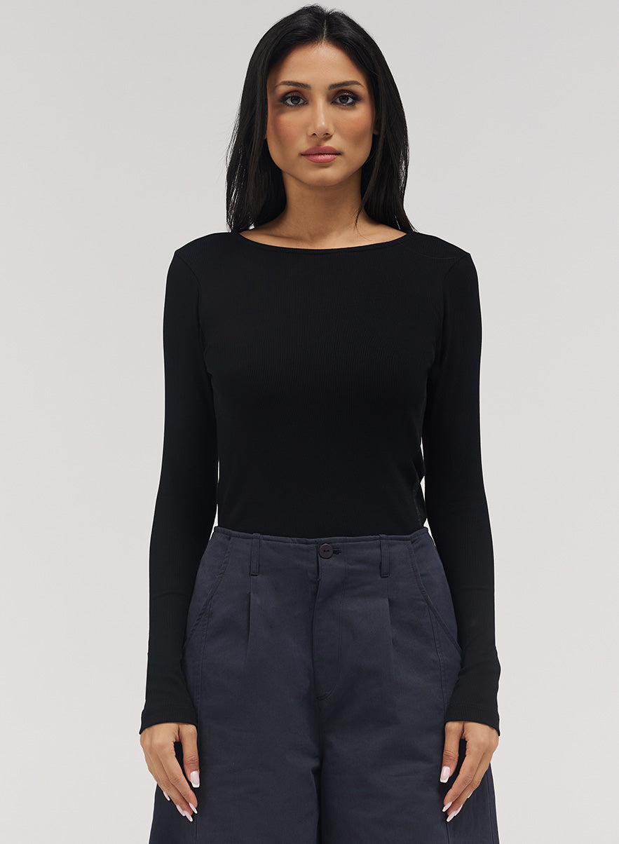 Rib Long Sleeve Top - Black
