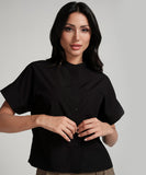 Crop Turn Up Sleeve Cotton Black Shirt